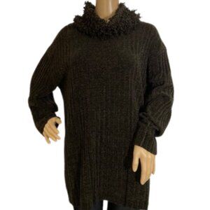 Olsen Chocolate Brown Ribbed Tunic Sweater with Fuzzy Cowl Neck